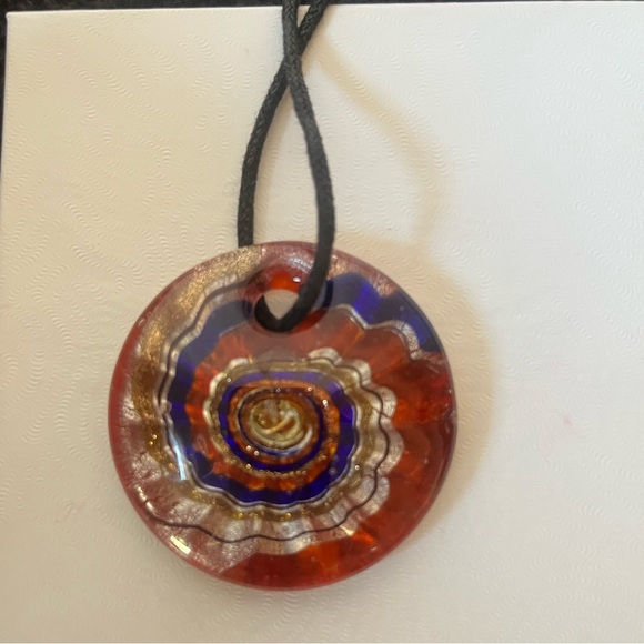 Multi Color Spiral Design Round Glass Pendant on Black Fabric Cord - Picture 3 of 3